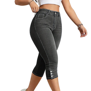 Womens Washed Black <b>Denim</b> Capri Pants High Waist <b>Stretch</b> Skinny Fit Casual Cropped Jeans Button Hem Daily Wear Style Everyday - Product Image 5