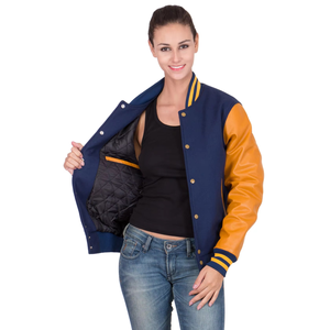 Blouson universitaire jaune bleu marine personnalisé blouson aviateur à manches en cuir pour femmes Vente en gros uniforme universitaire Streetwear OEM - Product Image 5