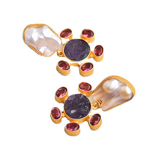 Pendientes de Latón al por Mayor, Diseño de Piedra Natural en Bruto con Perlas, Acabado de Latón Antiguo, Sin Níquel, Duraderos y de Alta Calidad - Product Image 4