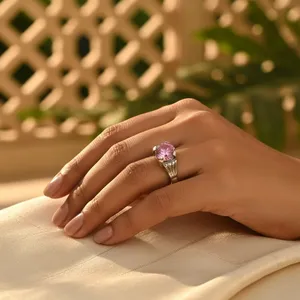 Bague Art Palace en argent sterling plaqué or rose, élégante et tendance, avec pierre précieuse rose naturelle, hypoallergénique et inaltérable, pour femme - Product Image 2