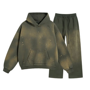 ชุดเสื้อมีฮู้ดใส่สบายๆสำหรับผู้ชายไม่มีสายสีซีดเสื้อมีฮู้ดและกางเกงวอร์มทรงหลวมแนววินเทจกำหนดโลโก้ได้เอง - Product Image 3