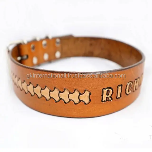 Customized Basket design embossed tan leather dog collar with name stamped in middle high quality leather dog pet collar