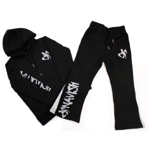 Tendance enfants noir empilé survêtements ensembles coton enfants sweats à capuche + pantalons empilés ensemble enfants évasés survêtements ensembles garçons vêtements - Product Image 3