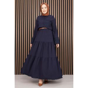 Ensemble décontracté deux pièces bleu marine pour femme : chemise et jupe à bordure dentelle, design short deux pièces - Product Image 1