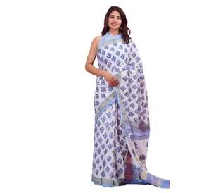 Bloque de mano impreso algodón Mulmul Saree con pieza de blusa adjunta verano suave hecho a mano para fiestas indias y paquistaníes - Product Image 3