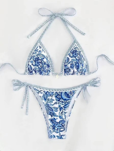 Expédition rapide Ensemble de bikini micro mini floral extrême, Maillot de bain sexy, String en V, Logo personnalisé, Maillot de bain perlé - Product Image 3