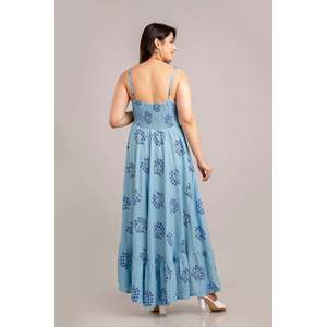 Robe longue évasée sans manches à imprimé floral bleu turquoise - SHKUP1366 Taille élastique XS Respirante pour les journées d'été à la plage - Product Image 3