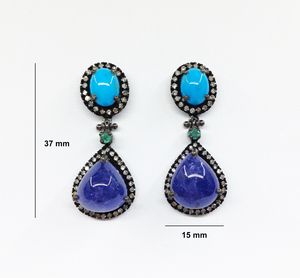 Boucles d'oreilles pendantes multi-gemmes en argent sterling 925 plaqué or, sur mesure, fournisseur, grossiste, fait main, topaze bleue, faible MOQ - Product Image 2