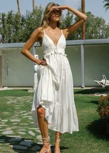 2025 blanco bohemio largo elegante cuello en V vacaciones ajuste holgado sin mangas con espalda descubierta verano Casual señoras vestido largo para mujer - Product Image 5