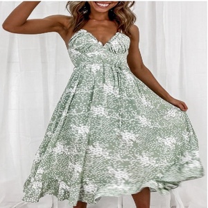 Vestido Romántico de Gasa con Estampado Floral, Escote Corazón, Cintura Imperio, Corte A, Sin Mangas, con Volantes, Largo hasta la Rodilla, Casual para Vacaciones - Product Image 1