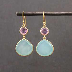 Boucles d'oreilles pendantes plaquées or 18 carats, améthyste violette naturelle, chalcédoine aqua, pierres précieuses serties en bélière, argent sterling 925, cadeau de mariage - Product Image 2