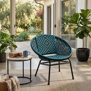 Fauteuil d'appoint d'extérieur tressé bleu sarcelle avec structure en métal noir, chaise de salle à manger en corde géométrique, chaise longue de patio, décoration artistique - Product Image 3
