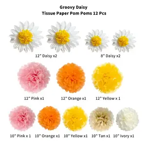 Groovy Daisy Tissue Paper Pom Poms Party Decorations Pink Orange Yellow Paper Flowers Boho Retro Hippie Party Supplies