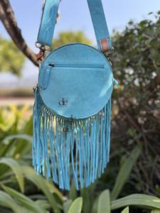 Suede Leather Western Style <b>Boot</b> Stich New Designer round Fringe Bag Handbag Hot Sale turquoise color Bohemian Women Handbag - Product Image 3