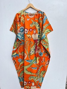 Kaftan en coton pur, imprimé oiseaux et fleurs, kaftan indien en coton, robe d'été respirante, tenue de plage bohème, robe de plage - Product Image 5