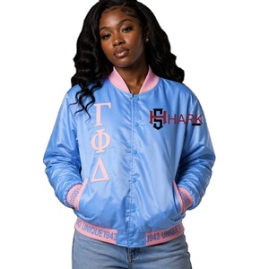 Blouson bomber pour femme, nouvelle conception, boutonné, décontracté, Gamma Phi Delta 1943, bas en tricot, doublure en satin matelassé, fabriqué par Hark Sports - Product Image 1