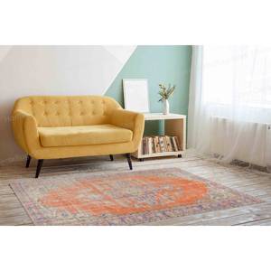 Alfombra de Lana Gruesa Estampada Naranja con Diseño Bohemio Turco de Patchwork, Ecológica, No Tejida, con Respaldo de Látex Suave - Product Image 2