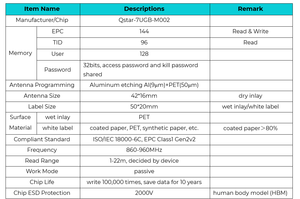Inlay RFID UHF sec, taille 42x16mm, puce Quanrray 7U, fabriqué au Vietnam, 860-960 MHz, inlay RFID UHF, inlay sec personnalisé - Product Image 3