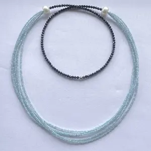 2mm 4mm natürliche schwarze Spinell blau Aquamarin facettierte Multi Strands Perlen Halskette mit Süßwasser Perle Perlen Halsketten Schmuck