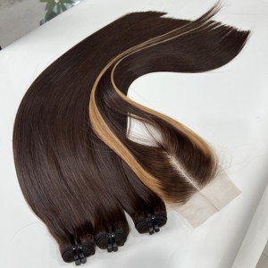 Extensiones de cabello humano vietnamita con cierre de reflejos tejido de pelo marrón liso de hueso - Product Image 1