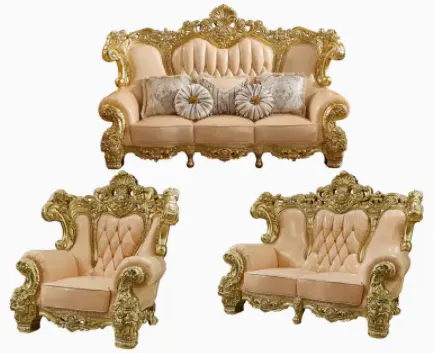 Luxury French classic european baroque style high quality wood hand carved pure leather gold sofa