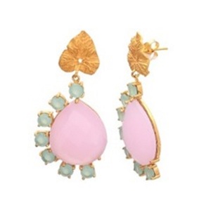 มาใหม่ Rose Chalcedony & Aqua Chalcedony พลอย925ต่างหูรูปลูกแพร์สีเงิน - Product Image 1