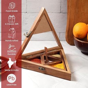 Boîte à épices traditionnelle en bois sculpté, écologique, compartiments séparés, réglage de la finesse, épices de cuisine indienne, faible coût - Product Image 3