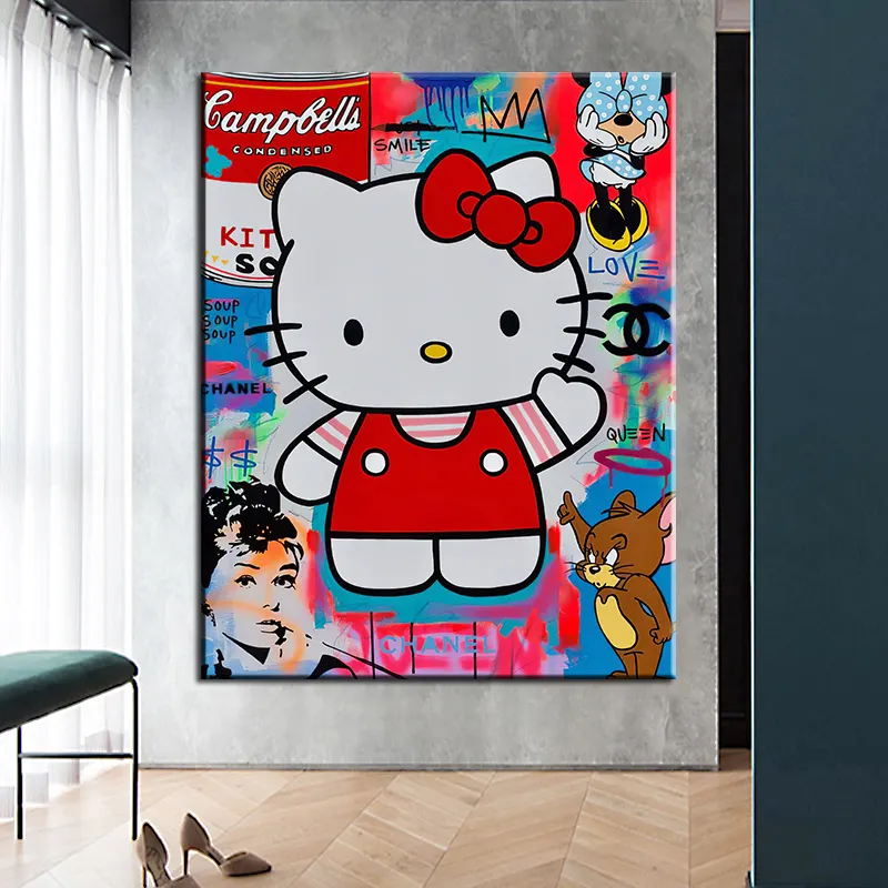 Graffiti Cute Cat posters Cartoon Wall Art Pictures and Prints Canvas Oil Painting For Home Living Kids Room Decor Classroom