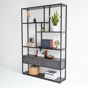 KTB68074 Standing Type Decorative Shelf with Drawers 120x38x180cm Rubber Wood and Iron Frame for Living Room - Product Image 1