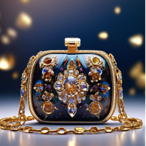 Bolso de Mano de Terciopelo Azul Rey con Cristales de Esmeralda Grandes Incrustados y Motivos Florales Dorados, Estilo Moderno para Bodas YAW HB291 # venta al por mayor - Product Image 5