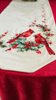 Chemin de table en coton brodé personnalisable de luxe, motif cardinaux rouges et houx, décoration traditionnelle pour la maison et l'hôtel, lavable, Dreaming