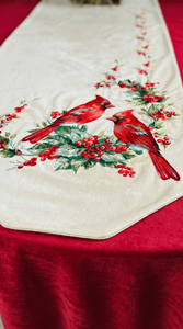 Luxury Embroidered Cotton <b>Table</b> <b>Runner</b> with Red Cardinals and Holly Pattern Traditional Home & Hotel Decor Washable - Product Image 5