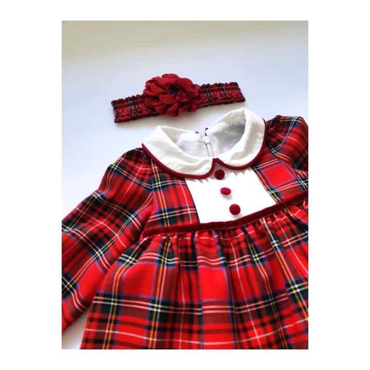 Girl Kid Baby Girl Christmas New Year New Year Dress Set - Plaid Long Sleeve Dress with Headband