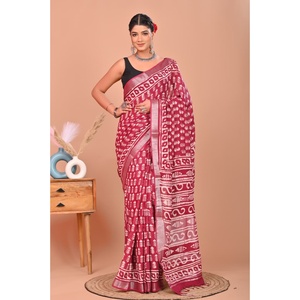 Hand Block Print Linen Cotton Formal Saree with Floral Print Breathable and Hand Drawn Design - Product Image 1
