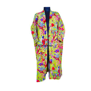 Kimono Largo de Mujer 100% Algodón, Ecológico, con Estampado Floral Kantha, Túnica de Invierno, Tejido Étnico Tradicional Indio Hecho a Mano, Cuello en V - Product Image 1