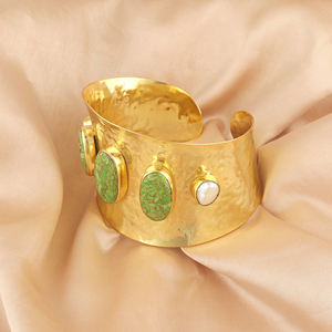 18k gold plated women jewelry green <b>copper</b> turquoise with freshwater pearl adjustable <b>bracelet</b> solid brass metal wide band cuff - Product Image 4