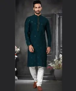 Indian and Pakistani Style Designer Embroidery Work Ready Made Kurta Pyjama Set for Men in Wedding Wear and Festival Function