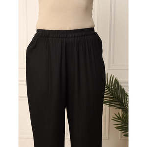 Deebaco Ensemble coordonné 2 pièces noir uni pour femme, col rond, manches 3/4, coupe ample, haut long décontracté avec pantalon, bordure perlée, toutes saisons - Product Image 6