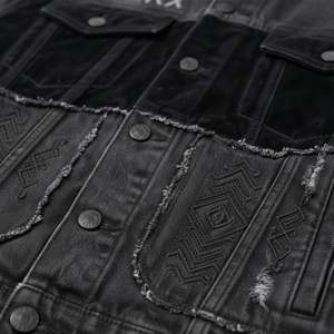 Veste en jean personnalisée 14 oz avec panneau en velours, broderie effet vieilli, coupe droite, longueur classique, style streetwear, coupe ample, coupe-vent, écologique, col rabattu - Product Image 4