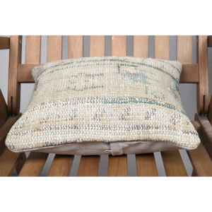 Beige Wool Kantha <b>Patchwork</b> Pillow 14x14 Inches Luxury Vintage Embroidered Print Pattern Woven Fluffy Style for <b>Bedding</b> - Product Image 5