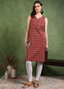 Kurti court en coton cambric à imprimé géométrique marron pour femmes, avec col en V et design sans manches, style longueur genou. - Product Image 4