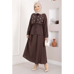Conjunto de Falda y Top con Cintura Túnel Adornada con Piedras Color Café para Mujer, Estilo Casual de Club, Dos Piezas - Product Image 3