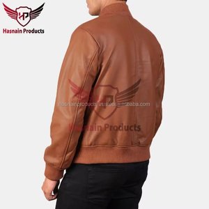 <b>Mens</b> Real Tan <b>Leather</b> Bomber <b>Jacket</b> Ribbed Collar Zipper Side Pockets Sheepskin Cognac Flight Coat Custom Brown Winter Outerwear - Product Image 5