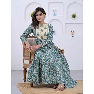 Cotton Firozi <b>Block</b> <b>Printed</b> Indian Salwar Kameez Pakistani Styled Anarkali Dress in Georgette Material Stitched Clothing - Product Image 6