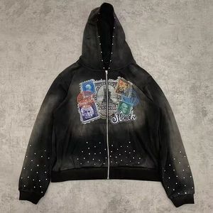 Sudadera con capucha de diamantes de imitación completa personalizada French Terry Heavy Weight Silk Screen Printed Logo Hoodies Zip up Acid Wash Hoodies Hombres - Product Image 1