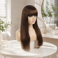 Cheveux indiens Remy longs avec frange complète # Perruque brune naturelle lisse, fabriquée à la machine, densité 200%, pour femmes noires