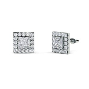Pendientes de Diamante Fino con Corte Princesa y Halo Simple, 0.60 Ct, Diamante Cultivado en Laboratorio, en Platino, para Novias, Bodas, Compromisos y Fiestas - Product Image 2