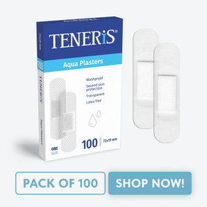 Pansements adhésifs médicaux TENERIS Aqua Plasters certifiés TUV 72x19 mm, imperméables, transparents, sans latex, taille unique, paquet de 100 - Product Image 1