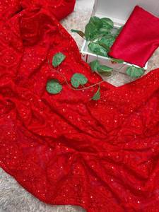 Novia Cena Especial fiesta y lugar de salida desgaste peso ligero Color rojo Faux Georgette Chikkenkari trabajo a mano Sari blusa pieza - Product Image 6