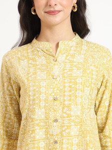 Women Office Lady Top Yellow regular shirt style top Floral Office Wear Rayon Ladies Shirt Button Front Open Mandarin <b>collar</b> - Product Image 5